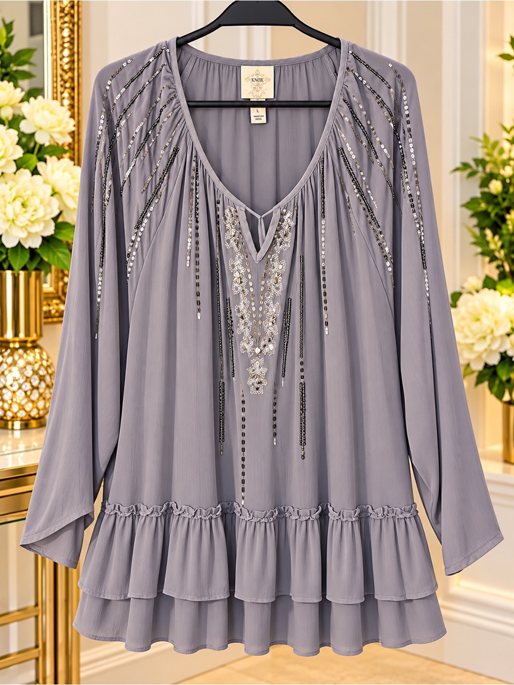 Knox Rose Dusty Lavender Embellished Ruffle-Hem Tunic